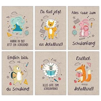 Abbildung von Papierdrachen 12 Glückwunschkarten zur Einschulung Motiv Packpapier Tiere Geschenk und Grüße für Schulanfänger Buntes Postkarten Set Kinder zum Schulanfang DIN A6