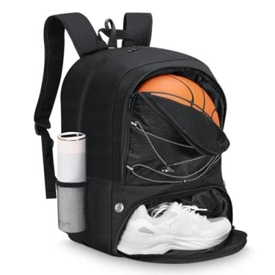 Abbildung von MoKo Basketball Tasche Rucksack, Fußballrucksack für Männer &amp; Frauen mit getrennten Ball und Schuhfächern, wasserdicht, Zaunhaken, Sporttasche Kleidung, Schuhe, Tablets, Laptops, Schwarz
