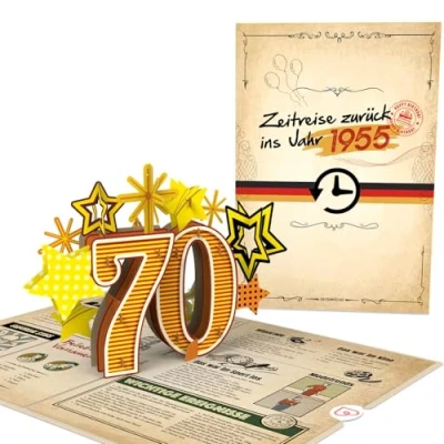 Abbildung von papercrush® Pop Up Karte „Zurück ins Jahr 1955“ Lustige 3D Geburtstagskarte zum 70. Geburtstag für Frau &amp; Mann Besondere Glückwunschkarte 70 Jahre mit lustigen Fakten Jahrgang