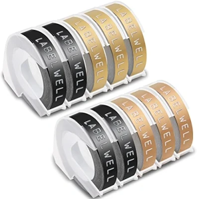Abbildung von Labelwell 9mm x 3m Kompatibel 3D Prägeband Ersatz für Dymo Vinyl Prägeetiketten Selbstklebend Omega Etikettenprägegerät Junior Prägegerät E 303 101, Schwarz/Gold/Champagnergold