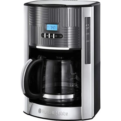 Abbildung von Russell Hobbs Kaffeemaschine [Digitaler Timer, Brausekopf für optimale Extraktion&amp;Aroma] Geo Edelstahl Grau (max 12 Tassen, 1,5l Glaskanne, Warmhalteplatte, 1000W) Filterkaffeemaschine 25270 56