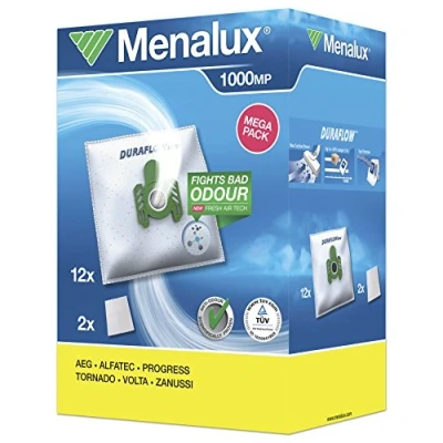 Abbildung von Menalux 1000 MP 12 Staubbeutel inkl. 2 Microfilter (Synthetik Staubbeutel, hohe Saugleistung &amp; Filtration, Hygieneverschluss, Anti Geruch, neutralisiert Gerüche, reißfest, +50% Lebensdauer, weiß)