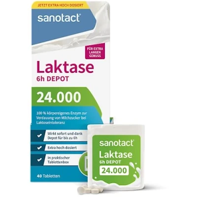 Abbildung von sanotact Laktase 24.000 6h Depot (40 Laktasetabletten) Laktose Tabletten mit Wirkung Bei Laktoseintoleranz &amp; Milchunverträglichkeit Sofortwirkung Langzeit