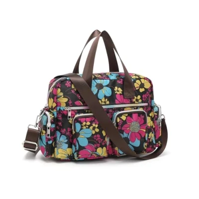Abbildung von KONO leichte Damen Handtasche mit Blumenmuster, Wasserdichte Henkeltasche, Groß Umhängetasche für Frauen, Multifunktionale Schultertasche Arbeit, Shopper, Reisen (Schwarz)