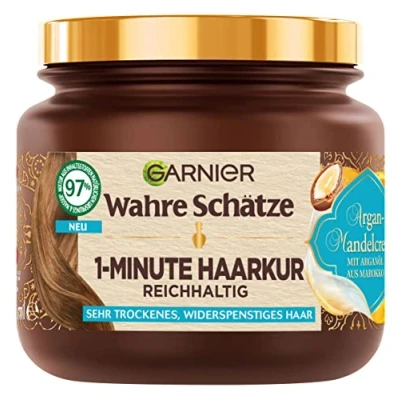 Abbildung von Garnier Wahre Schätze Nährende 1 Minute Haarkur für trockenes und widerspenstiges Haar, Mit Arganöl Mandelöl geschmeidig weiche Haare, Vegane Formel, x 340 ml