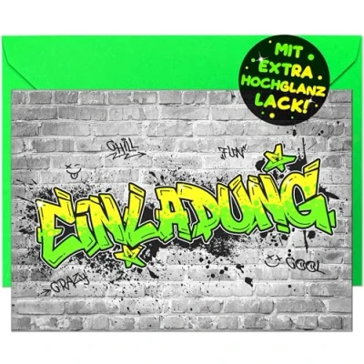 Abbildung von VULAVA 12x Graffiti EINLADUNGSKARTEN KINDERGEBURTSTAG Junge Mädchen + Umschläge die PARTY Karten sind perfekte EINLADUNG für Jungen Kinder GEBURTSTAG KINDERPARTY