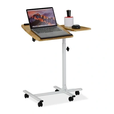 Abbildung von Relaxdays Laptoptisch höhenverstellbar, rollbar, neigbare Tischplatte, Mausablage, HBT: 68 88 x 61 40 cm, braun weiß, 1 Stück