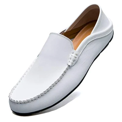 Abbildung von Unitysow Mokassins Slipper Herren Leder Slip On Fahren Schuhe Leicht Weich Loafers Handgefertigt Flache Business Schuhe,Weiß,EU 46