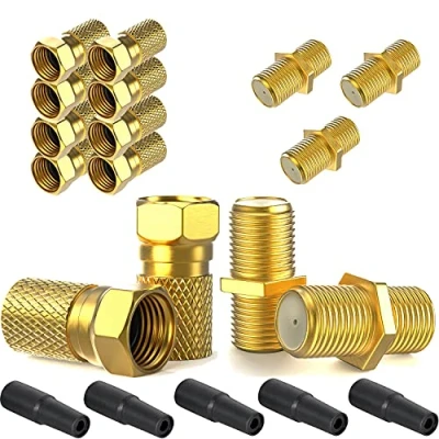 Abbildung von F Stecker 7mm 10x + Verbinder 5x vergoldet Gummitülle Gummidichtung breite Mutter schraubbar Verlängerung für Koaxial Antennenkabel Koax SAT Kabel BK Anlagen Satelliten LNB Montage SET