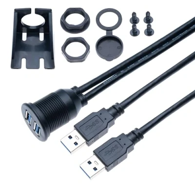Abbildung von Doppelter Anschluss USB 3.0 1M Stecker zu Buchse Auto Runde Kabel 2 Häfen Bündige Armaturenbrettmontage Kabelverlängerung für Auto, Fahrzeug, Boot, LKW, Fahrrad, Motorrad, Yacht Armaturenbrett 1 Meter