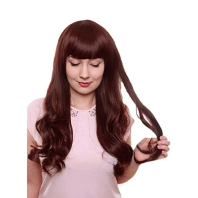 Abbildung von Prettyland C367 65cm Damen lange Perücke leicht Gewellt Locken Gerade Pony Dunkel Braun Rot