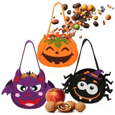 Abbildung von com four® 3x Halloween Tasche Beutel zum Sammeln von Süßigkeiten Sammeltasche aus Filz Geschenktasche mit kinderfreundlichen Gruselmotiven (03 Stück 3 Motive)