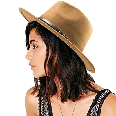 Abbildung von DRESHOW Damen Fedora Hut Filzhut Lederband Hüte Winter Mode Mit Breiter Krempe Outdoorhut