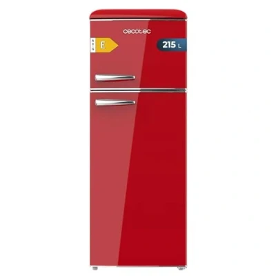 Abbildung von Cecotec Bolero CoolMarket 2D Origin 215 Red E Kühlschrank 2 Türen Retro L Höhe 148,2 cm und 55,2 Breite, LED, verchromter Griff, Glasplatten, Temperaturkontrolle, Rot
