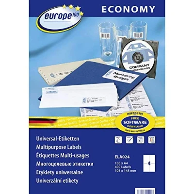 Abbildung von Europe100 Art. ELA024 Universal Etiketten (400 Klebeetiketten, 105x148,5mm auf A4, Papier matt, individuell bedruckbar, selbstklebende Versandaufkleber, kompatibel zu AVERY 3483) 100 Blatt, weiß