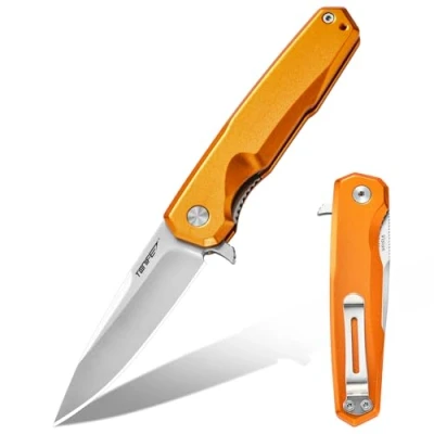 Abbildung von TONIFE Vision Klappmesser Outdoor Messer mit 8Cr14MoV Klinge und Aluminium Griff Survival Taschenclip Bushcraft (Orange Satin)