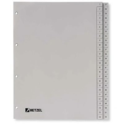 Abbildung von Rexel Zahlenregister aus PP Folie, Tabe: 1 52, für A4, 52 Blatt mit bedruckten, ausgestanzten Taben, 226 x 297 mm, grau, 721308