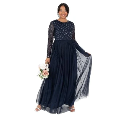Abbildung von Maya Deluxe Women&#039;s Ladies Maxi Dress Long Sleeve Round Neck Sequin Embellished Tulle Floral A line for Occasion Prom Ball Gown, Marineblau 38