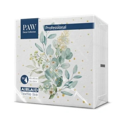 Abbildung von PAW Servietten aus Airlaid Stoffähnlich (40 x 40 cm) I 50 Stück Ideal für Hochzeit, Taufe, Kommunion, Geburtstag Hochwertige Tischdeko Stoffservietten Eukalyptusstrauß Eucalyptus Bouquet