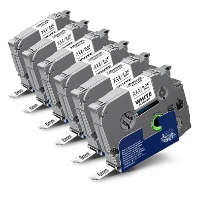 Abbildung von Labelwell kompatibel Brother Ptouch Bänder TZe 211 TZe211 6mm Schwarz auf Weiß TZ Tape AZe Schriftbänder für P touch PT H105 E110 H110 1000 D210VP D600VP H107B, 6 Pack
