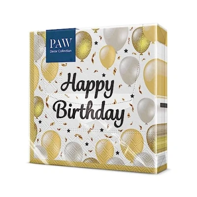 Abbildung von PAW serviettes d&#039;anniversaire (33 x 33 cm) I 20 pièces fêtes, anniversaires, célébrations en papier avec motif ballon or blanc décoration de table ballons joyeux anniversaire