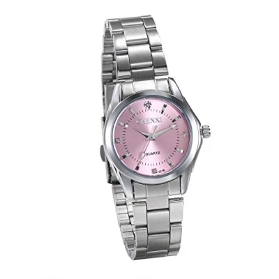 Abbildung von JewelryWe Damenuhren Elegant Silber Ton Edelstahl Armband Analog Quarz Business Casual Uhr Armbanduhr mit Pink Strass Zifferblatt