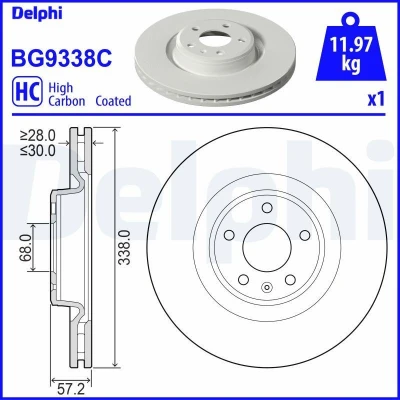 Abbildung von DELPHI BG9338C Bremsscheibe 338 30 5 Belüftet beschichtet hochgekohlt ohne Radlager, ABS Sensorring AUDI: A4 B9 Avant, A5 Sportback, Q5