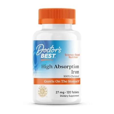 Abbildung von Doctor&#039;s Best High Absorption Iron (Eisenbisglycinat), 27mg, 120 vegane Tabletten, Laborgeprüft, Glutenfrei, Sojafrei, Vegetarisch, ohne Gentechnik