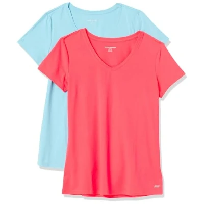 Abbildung von Amazon Essentials Damen Leichtes V Ausschnitt T Shirt Mit Kurzen Ärmeln und Schnelltrocknendem Funktionsstretch (Auch In Plus Size Erhältlich), 2er Pack, Blau/Neonrosa, XXL