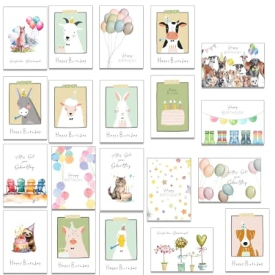 Abbildung von the lazy panda card company Set bestehend aus 20 Geburtstagskarten für alle Altersgruppen Kein Design zweimal Inklusive Briefumschläge Recyclingpapier