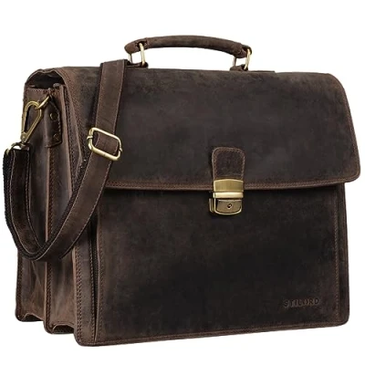 Abbildung von STILORD &#039;Noel&#039; Aktentasche Leder Herren Vintage groß klassische Arbeitstasche Bürotasche Umhängetasche Dokumententasche mit Laptopfach 13,3 Zoll und Trolleyschlaufe, Farbe:dunkel braun