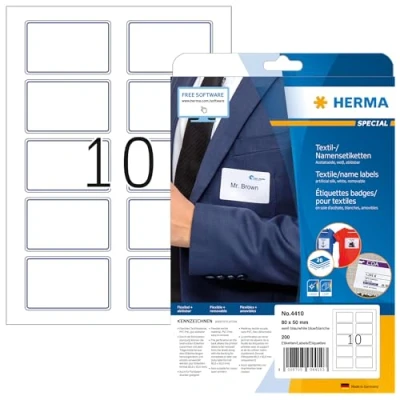 Abbildung von HERMA 4410 Namensetiketten ablösbar, 20 Blatt, 80 x 50 mm, 10 pro A4 Bogen, 200 Stück, selbstklebend, bedruckbar, rückstandsfrei abziehbare Acetatseide Namensaufkleber Etiketten, weiß blau