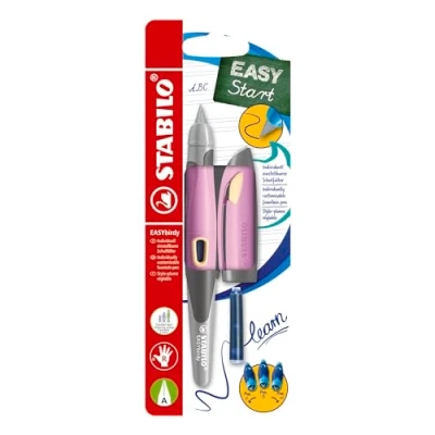 Abbildung von Ergonomischer Schulfüller für Rechtshänder mit Anfänger Feder A STABILO EASYbirdy Pastel soft pink/apricot inkl. Patrone und Einstellwerkzeug blau (löschbar)