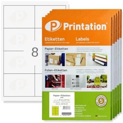 Abbildung von Printation Frankier Adress Etiketten 97 x 67,7 mm blanko weiß 4000 Versandetiketten Adressetiketten selbstklebend 97x67,7 Aufkleber auf 500 DIN A4 Bogen 2x4 8 BigPack Adressaufkleber 3660 4782 4280