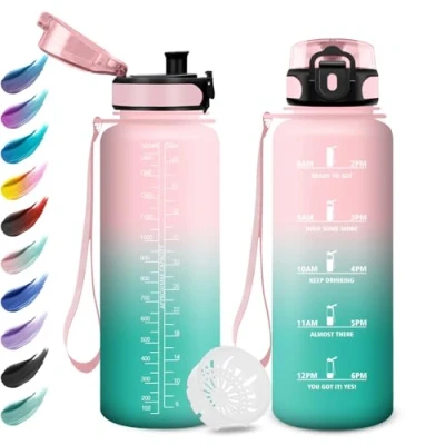 Abbildung von Trinkflasche Auslaufsicher 1.5L, Wasserflasche Kohlensäure Geeignet, Sport mit Zeitmarkierung, Filter, Sportflasche für Gym, Schule, Büro, Camping, Fahrrad, Fitness