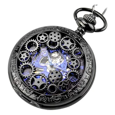 Abbildung von JewelryWe Retro Zahnrad Ritzel Hohe Openwork Handaufzug Mechanische Taschenuhr Skelett Uhr Pullover Halskette Kette Schwarz