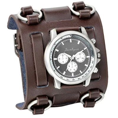 Abbildung von JewelryWe Herren Armbanduhr, Analog Quarz, Fashion Elegant Casual Sport Uhr mit Braun Breit Leder Armband &amp; Schwarz Rund Zifferblatt Vatertagsgeschenk