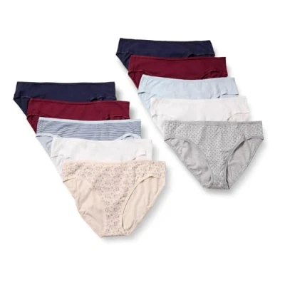 Abbildung von Amazon Essentials Damen Bikinihose aus Baumwolle (in Übergröße erhältlich), 10er Pack, Mehrfarbig/Punkte/Streifen/Streublumen, 36