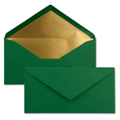 Abbildung von 50 Brief Umschläge DIN Lang Dunkelgrün mit Gold Metallic Innen Futter 110 x 220 mm Nassklebung festliche Kuverts für Weihnachten