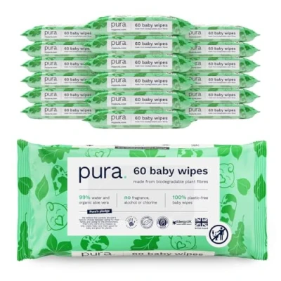 Abbildung von Pura Öko Feuchttücher für empfindliche Babyhaut, 1080 Tücher (18 x 60 Tücher), Monatsbox, 99% Wasser, 100% Plastikfrei, Biologisch Abbaubar, Hautfreundlich bei Neurodermitis, Neugeborene