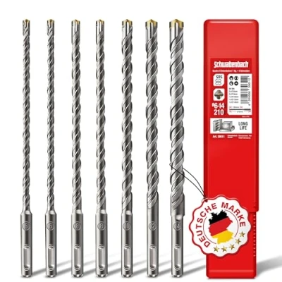 Abbildung von SCHWABENBACH ® SDS PLUS Betonbohrer Set Super Bohrer 7tlg. 6 8 10 12 14 x 210 mm Steinbohrer kompatibel mit Bosch Hilti Makita Metabo Bohrhammer Premium Qualität für Schlagbohrmaschine