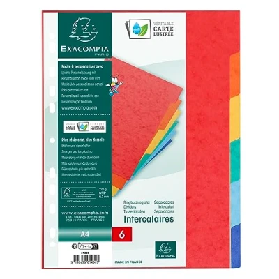Abbildung von Exacompta 1406E Premium Register für DIN A4 aus starkem Colorspankarton 6 teilig volle Höhe 22 x 29,7 cm vollfarbig Farben mit Indexseite zum selbstgestalten Trennblätter Trennstreifen