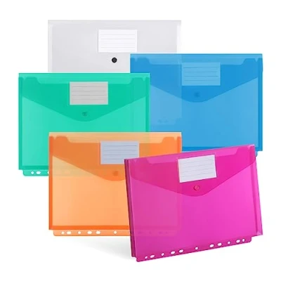 Abbildung von DATEFUN Dokumententasche A4 20 Pack, Dreidimensionale Dokumentenmappe A4, Transparent Sammelmappe mit Binderlöcher und Etikettentasche, Hält 300 Papiere (5 Farben)