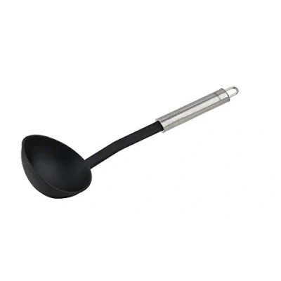 Abbildung von Fackelmann Schöpflöffel 30 cm OVALGRIFF, praktische Suppenkelle aus Kunststoff mit ergonomischem Griff Edelstahl, Küchenhelfer zum Kochen (Farbe: Silber/Schwarz), Menge: 1 Stück