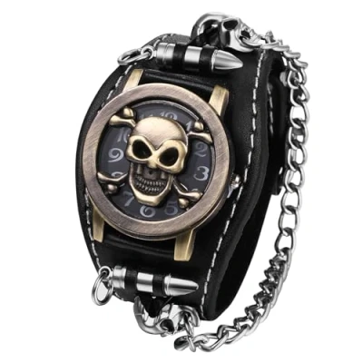 Abbildung von JewelryWe Herrenuhr Totenkopf Echtleder Uhr: Halloween Analog Quarz Armbanduhr Herren Gothic Punk Gold Schädel Patronenhülse Gewehrkugel Panzerkette Kubanische Kette Uhr mit Breit Lederarmband Schwarz