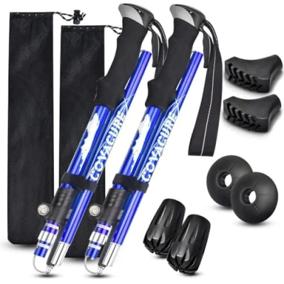 Abbildung von COVACURE Wanderstöcke Nordic Walking Stöcke 110 130 cm Faltbar, Verstellbar, Teleskop, Leicht, mit Gummipuffer für Damen und Herren (Blau)