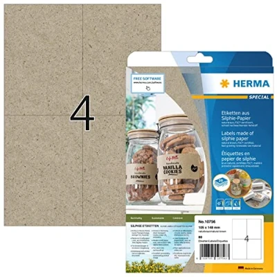 Abbildung von HERMA 10756 Universal Etiketten aus Graspapier, 20 Blatt, 105 x 148 mm, 4 pro A4 Bogen, 80 Stück, selbstklebend, bedruckbar, matt, blanko Silphie Papier Klebeetiketten Aufkleber, natur braun