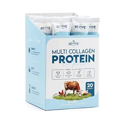 Abbildung von Multi Collagen Hydrolyzed Protein Powder (200g) Types I, II, III, V &amp; X Grass Fed Bovine (Peptan®), Wild Caught Fish (Naticol®), Free Range Chicken Eggshell Collagen. (20 Packets)