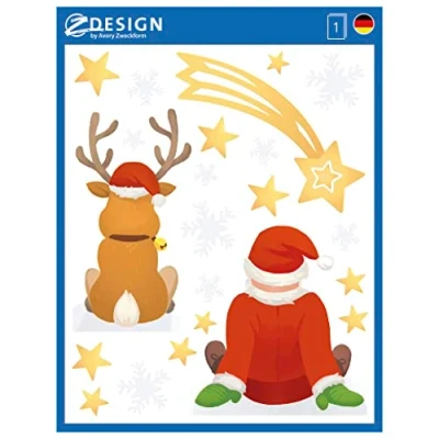 Abbildung von AVERY Zweckform 9 Fensterbilder Rentier Nikolaus Sterne (Made in Germany, selbstklebende Fenstersticker, Weihnachtsdeko Fenster, Fensterfolie ablösbar, glänzend) 1 Bogen/9 Fensteraufkleber, 52299