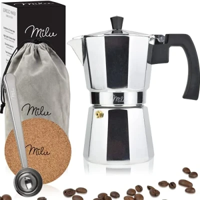 Abbildung von Milu Espressokocher (No Induktion) 2, 3, 6, 9 Tassen Aluminium Mokkakanne, Espressokanne, Espresso Maker Set inkl. Untersetzer, Löffel, Bürste (Aluminium, (400ml)